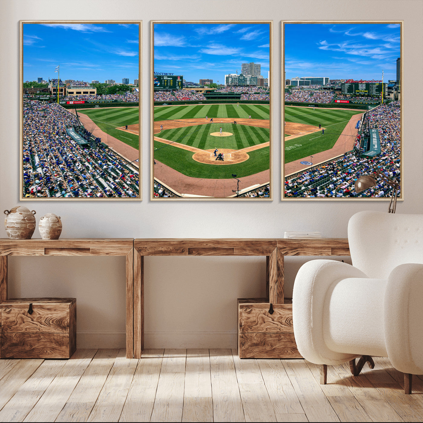 56213978-MGV-CV-36X24-Wrigley Field Baseball Stadium Canvas Wall Art – Packed Crowd Sports Stadium Print, City Skyline Baseball Field Canvas for Game