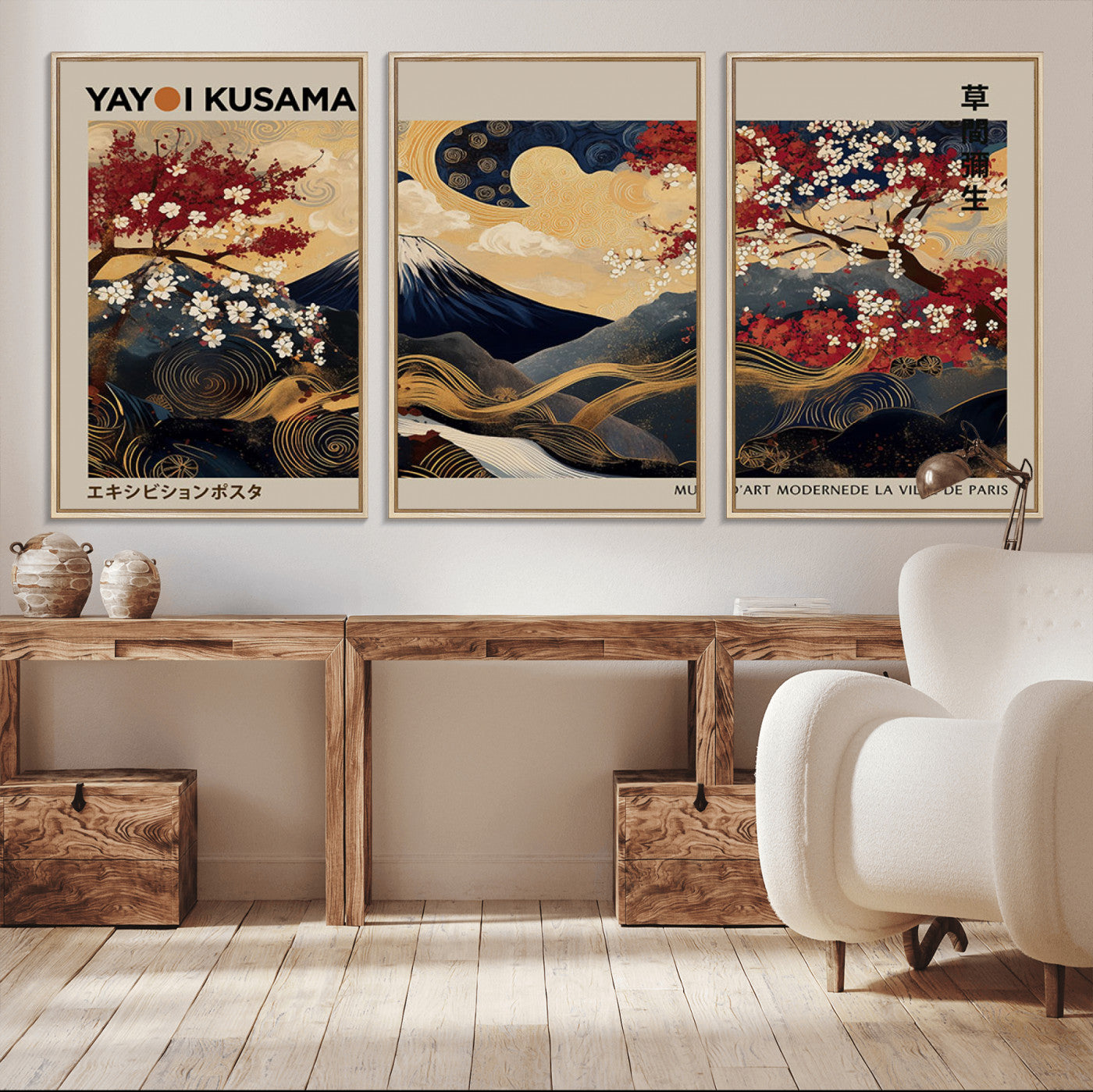 66892669-MGV-CV-36X24-Yayoi Kusama Japanese Inspired Canvas Print – Mt. Fuji & Floral Scene Wall Art, Framed Asian Style Canvas for Home, Office or