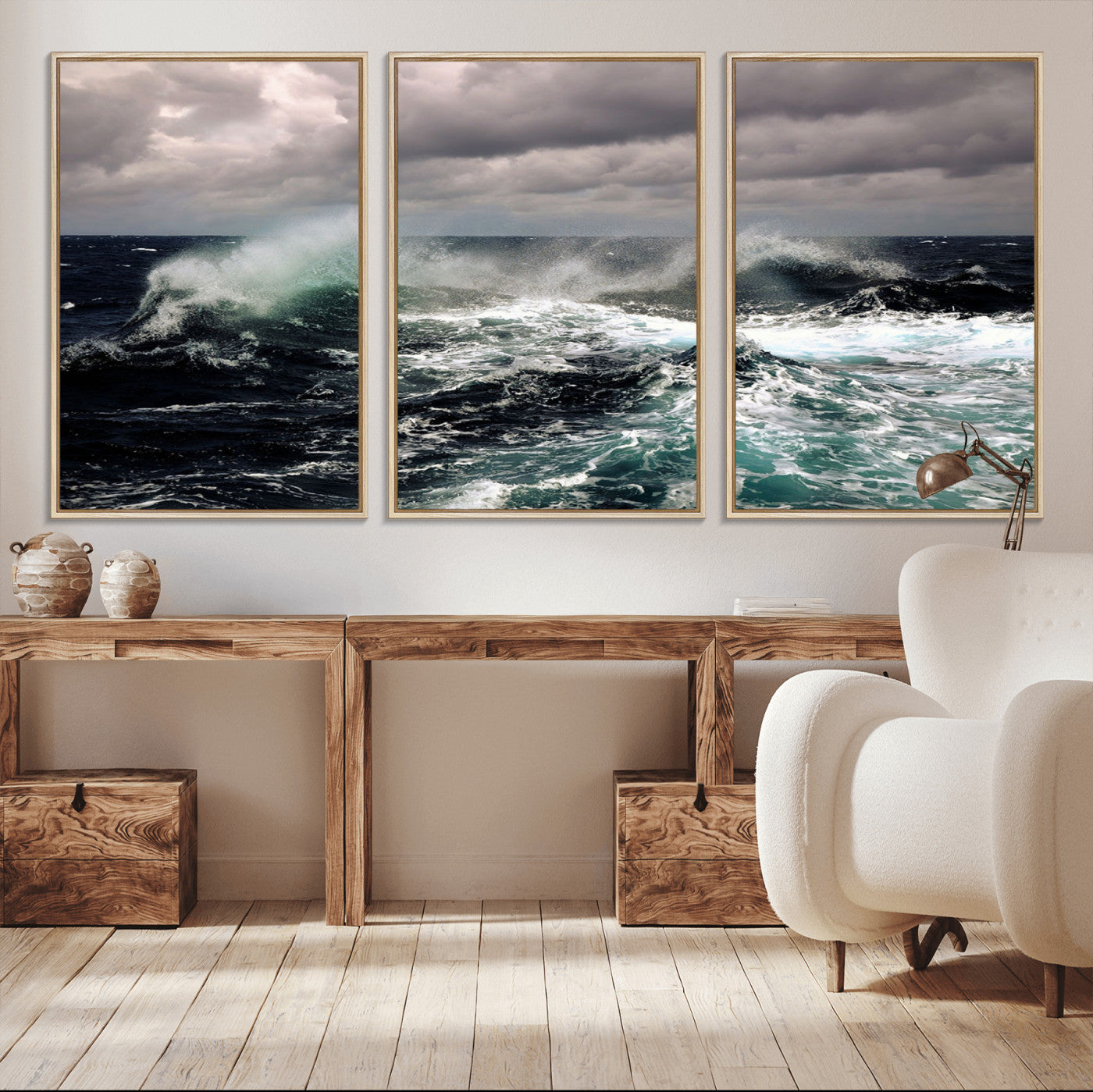 38622353-MGV-FC-60X30-3P_Natural-Ocean Wave Wall Art – Dramatic Seascape Canvas Print with Stormy Sky and Crashing Sea, Bold Coastal Photography for Living Room,
