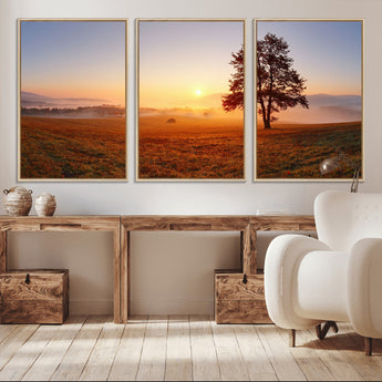 57919623-MGV-CV-36X24-Sunrise Landscape Wall Art – Golden Morning Canvas Print with Tree, Misty Hills and Open Field, Peaceful Nature Photography for