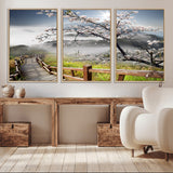 34632598CRY-MGV-CV-36X24-Cherry Blossom Wall Art – Scenic Asian Landscape Canvas Print with Wooden Walkway, Misty Mountains and Sunrise, Serene Nature