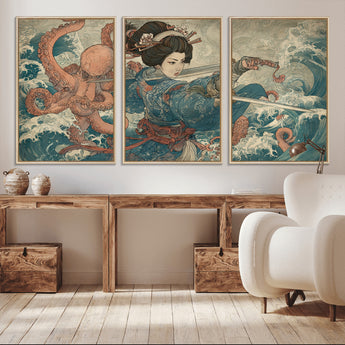 52037775-MGV-CV-36X24-Tsukioka Yoshitoshi Samurai Wall Art Print, Japanese Katana Warrior Canvas Wall Art, Octopus Sea Monster Canvas Print,