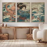 52037775-MGV-FC-60X30-3P_Natural-Samurai Woman Wall Art – Japanese Ukiyo e Style Canvas Print with Katana, Ocean Waves and Octopus, Traditional Asian Inspired