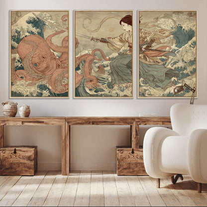 54879547-MGV-CV-36X24-Samurai Woman Wall Art – Japanese Ukiyo-e Style Canvas Print with Katana and Octopus, Traditional Asian Inspired Battle Artwork