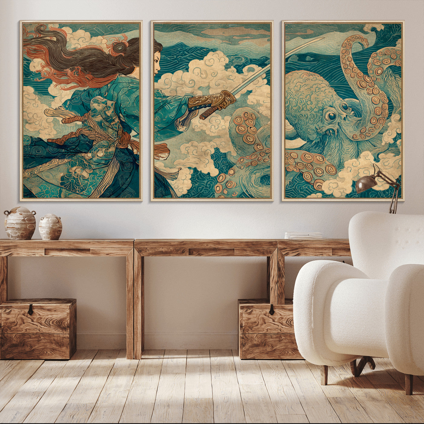 37943964-MGV-CV-36X24-Tsukioka Yoshitoshi Samurai Wall Art Print, Japanese Katana Warrior Canvas Wall Art, Octopus Sea Monster Canvas Print,