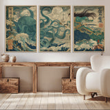 60346622-MGV-CV-36X24-Tsukioka Yoshitoshi Samurai Wall Art Print, Japanese Katana Warrior Canvas Wall Art, Octopus Sea Monster Canvas Print,