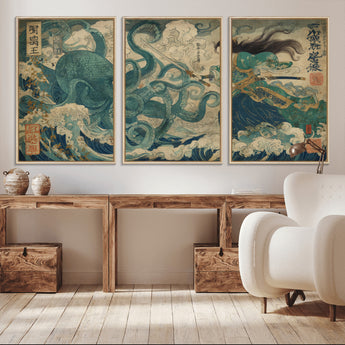 60346622-MGV-CV-36X24-Tsukioka Yoshitoshi Samurai Wall Art Print, Japanese Katana Warrior Canvas Wall Art, Octopus Sea Monster Canvas Print,