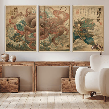 63782167-MGV-CV-36X24-Tsukioka Yoshitoshi Samurai Wall Art Print, Japanese Katana Warrior Canvas Wall Art, Octopus Sea Monster Canvas Print,