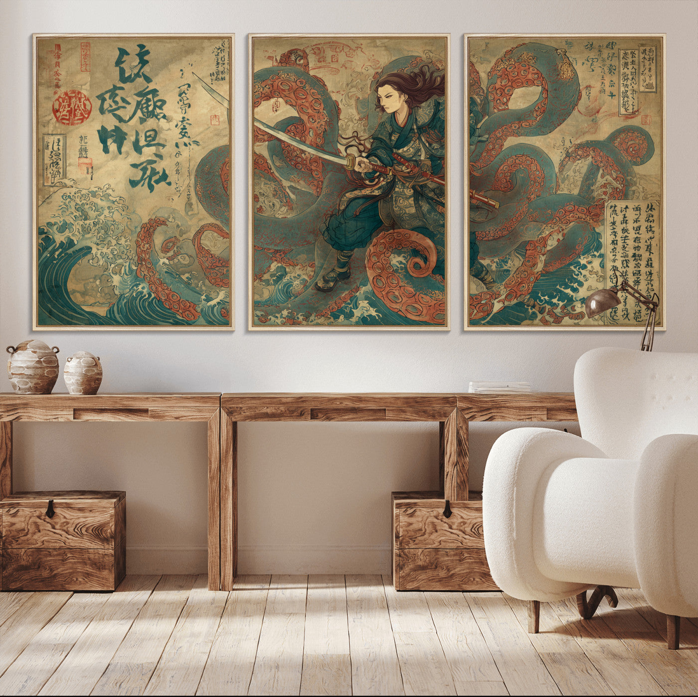 98593115-MGV-CV-36X24-Samurai Warrior vs Octopus Wall Art – Japanese Ukiyo-e Calligraphy Canvas Print, Ocean Battle Scene Artwork for Living Room,