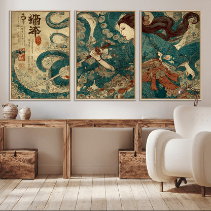 18575670-MGV-CV-36X24-Samurai Woman vs Octopus Wall Art – Japanese Ukiyo-e Ocean Battle Canvas Print, Traditional Warrior Artwork for Living Room,