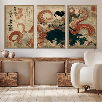 50812504-MGV-CV-36X24-Samurai Woman vs Octopus Wall Art – Japanese Ukiyo-e Red Tentacle Canvas Print, Ocean Battle Artwork for Living Room, Office, Man