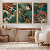 35461724-MGV-FC-60X30-3P_Natural-Samurai Woman vs Octopus Wall Art – Japanese Ukiyo-e Ocean Waves Canvas Print, Red Tentacle Battle Artwork for Living Room,