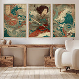 63377977-MGV-CV-36X24-Tsukioka Yoshitoshi Samurai Wall Art Print, Japanese Katana Warrior Canvas Wall Art, Octopus Sea Monster Canvas Print,