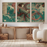 91666601-MGV-CV-36X24-Samurai Woman vs Octopus Wall Art – Japanese Ukiyo-e Green Robe Canvas Print, Ocean Battle Artwork for Living Room, Office, Man