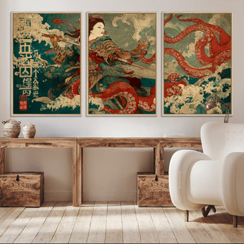 60201267-MGV-CV-36X24-Samurai Woman vs Octopus Wall Art – Japanese Ukiyo-e Armor Canvas Print, Red Tentacle Ocean Battle Artwork for Living Room,