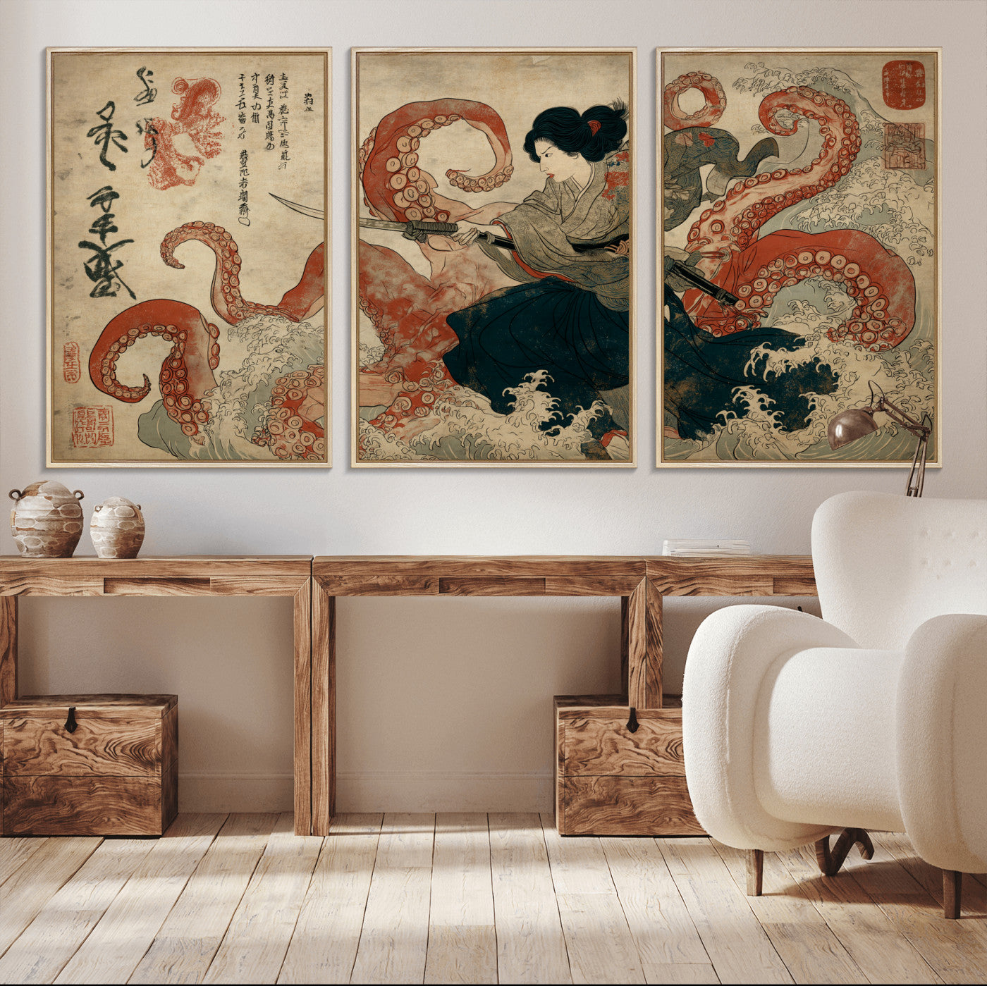 82737246-MGV-CV-36X24-Samurai Woman vs Octopus Wall Art – Japanese Ukiyo-e Dual Sword Canvas Print, Red Tentacle Ocean Battle Artwork for Living Room,