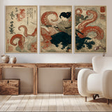 82737246-MGV-CV-36X24-Samurai Woman vs Octopus Wall Art – Japanese Ukiyo-e Dual Sword Canvas Print, Red Tentacle Ocean Battle Artwork for Living Room,