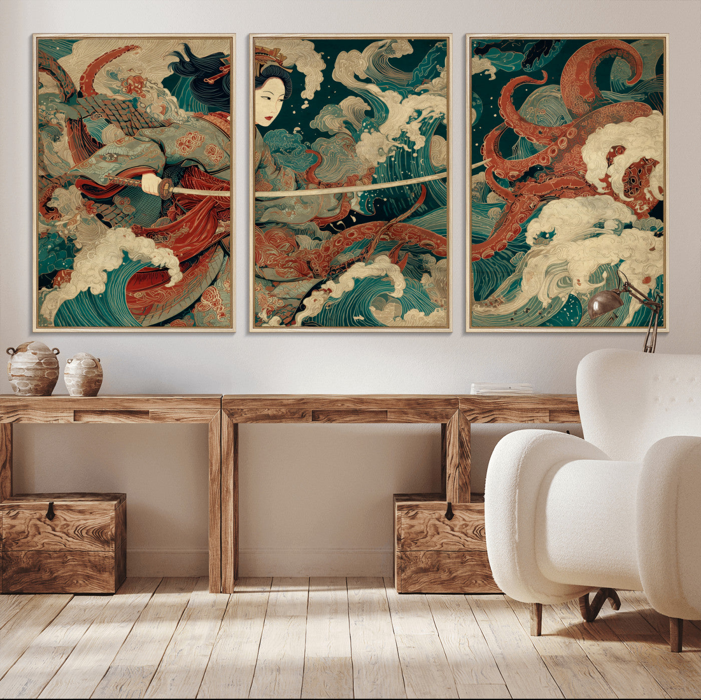 30212982-MGV-CV-36X24-Samurai Woman vs Octopus Wall Art – Japanese Ukiyo-e Style Warrior and Sea Monster Canvas Print, Mythology Inspired Artwork for