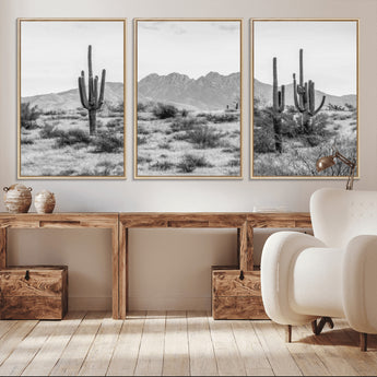 97436PHN-MGV-CV-36X24-Desert Landscape Wall Art – Black and White Cactus and Mountain Canvas Print, Southwestern Nature Photography for Living Room,