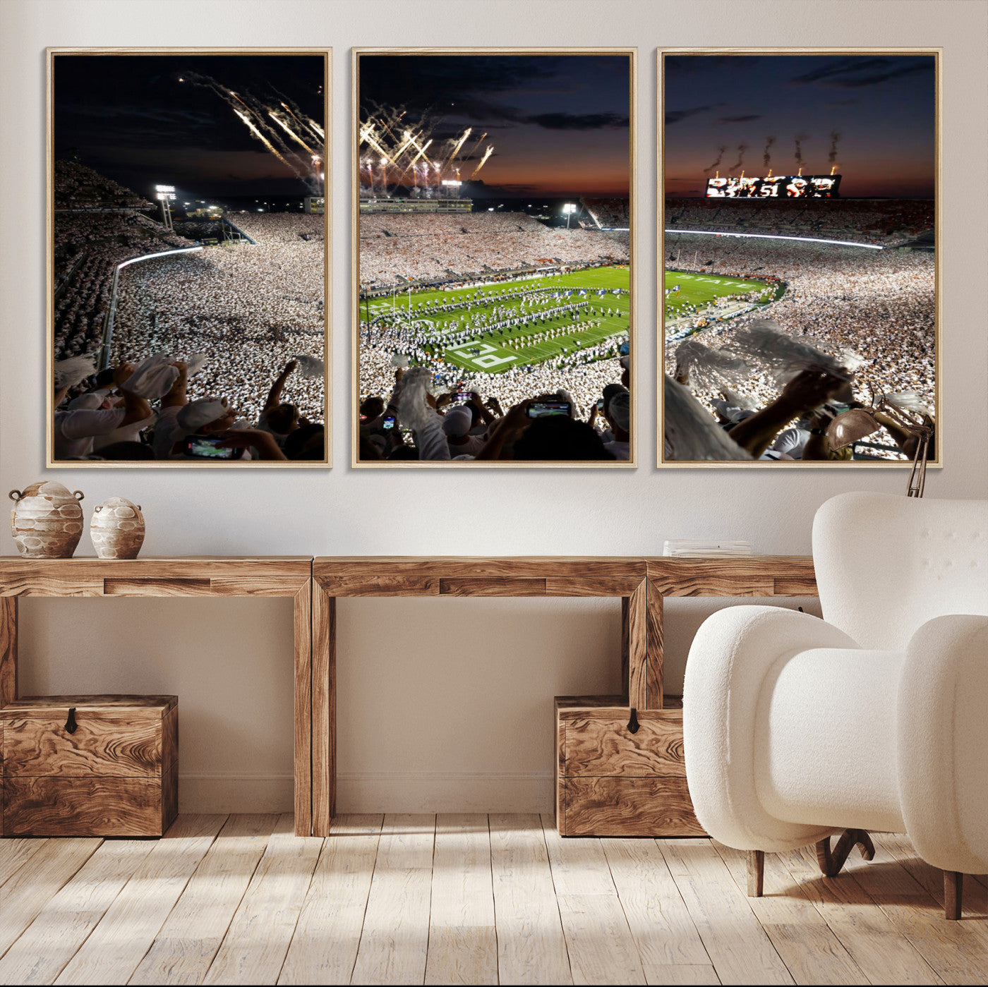 Penn-MGV-CV-36X24-Football Stadium Wall Art – Panoramic Night Game Canvas Print, Packed Crowd with Fireworks, Sports Decor for Office, Man Cave, Bar