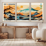 94085549-MGV-CV-36X24-Yayoi Kusama Inspired Japanese Landscape Art Print – Vibrant Mount Fuji, Waves & Autumn Trees, Modern Decorative Poster for