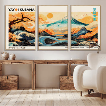 94085549-MGV-CV-36X24-Yayoi Kusama Inspired Japanese Landscape Art Print – Vibrant Mount Fuji, Waves & Autumn Trees, Modern Decorative Poster for