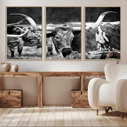15425553-MGV-FC-60X30-3P_Natural-Western Wall Art – Longhorn Cattle Black and White Canvas Print, Rustic Ranch Photography Decor for Bedroom, Living Room, Office,
