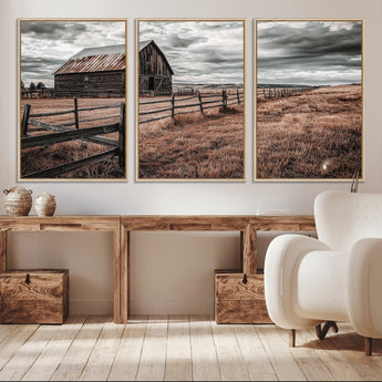 70676381-MGV-FC-60X30-3P_Natural-Rustic Barn Wall Art – Weathered Farmhouse Canvas Print, Country Landscape Photography Decor for Bedroom, Living Room, Office,