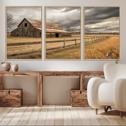 21991117-MGV-CV-36X24-Rustic Barn Wall Art – Weathered Farmhouse Canvas Print, Stormy Sky and Golden Field Photography Decor for Bedroom, Living Room,