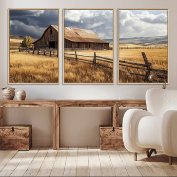 23718739-MGV-CV-36X24-Farmhouse Wall Art – Rustic Barn and Golden Wheat Field Canvas Print, Country Landscape Photography Decor for Bedroom, Living