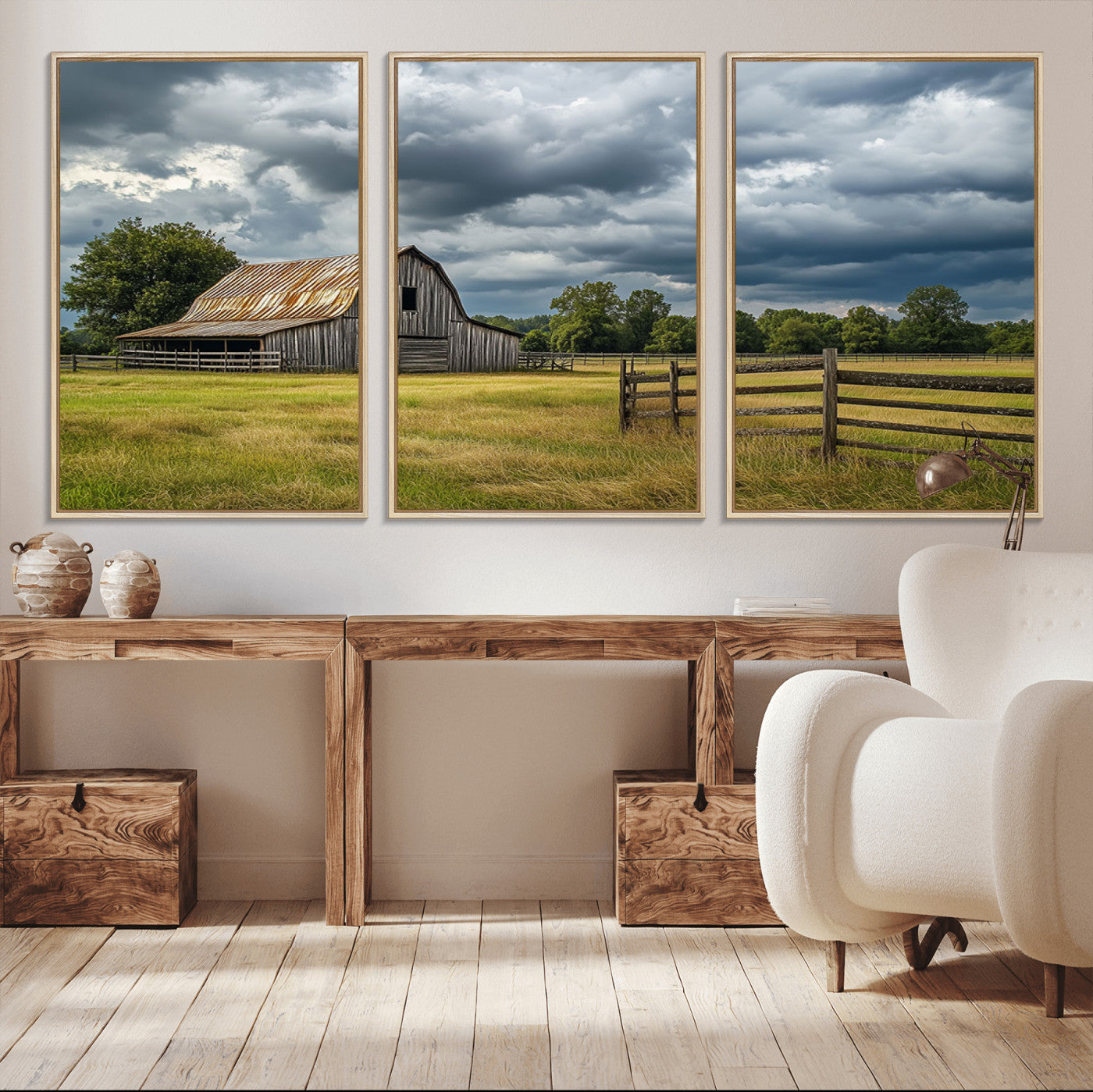 39409517-MGV-CV-36X24-Rustic Barn Wall Art – Weathered Farmhouse and Storm Clouds Canvas Print, Country Landscape Photography Decor for Bedroom, Living