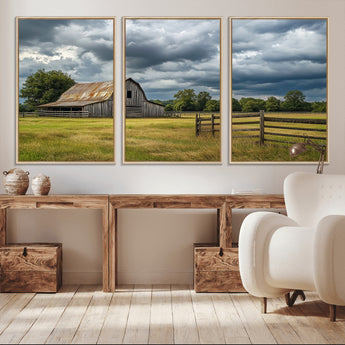 39409517-MGV-CV-36X24-Rustic Barn Wall Art – Weathered Farmhouse and Storm Clouds Canvas Print, Country Landscape Photography Decor for Bedroom, Living
