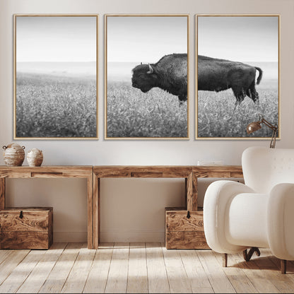 90861202-MGV-CV-36X24-Black and White Bison Canvas Wall Art – Rustic American Buffalo Print, Western Wildlife Photography for Farmhouse, Cabin, Office