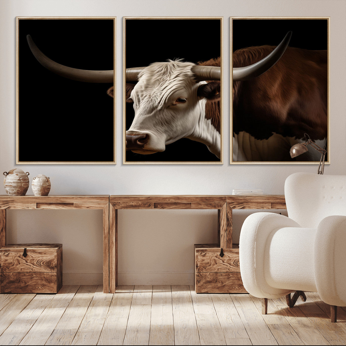 27414857-MGV-FC-60X30-3P_Natural-Longhorn Bull Wall Art – Dramatic Western Steer Portrait Canvas Print, Rustic Farmhouse Animal Decor for Living Room, Office, or