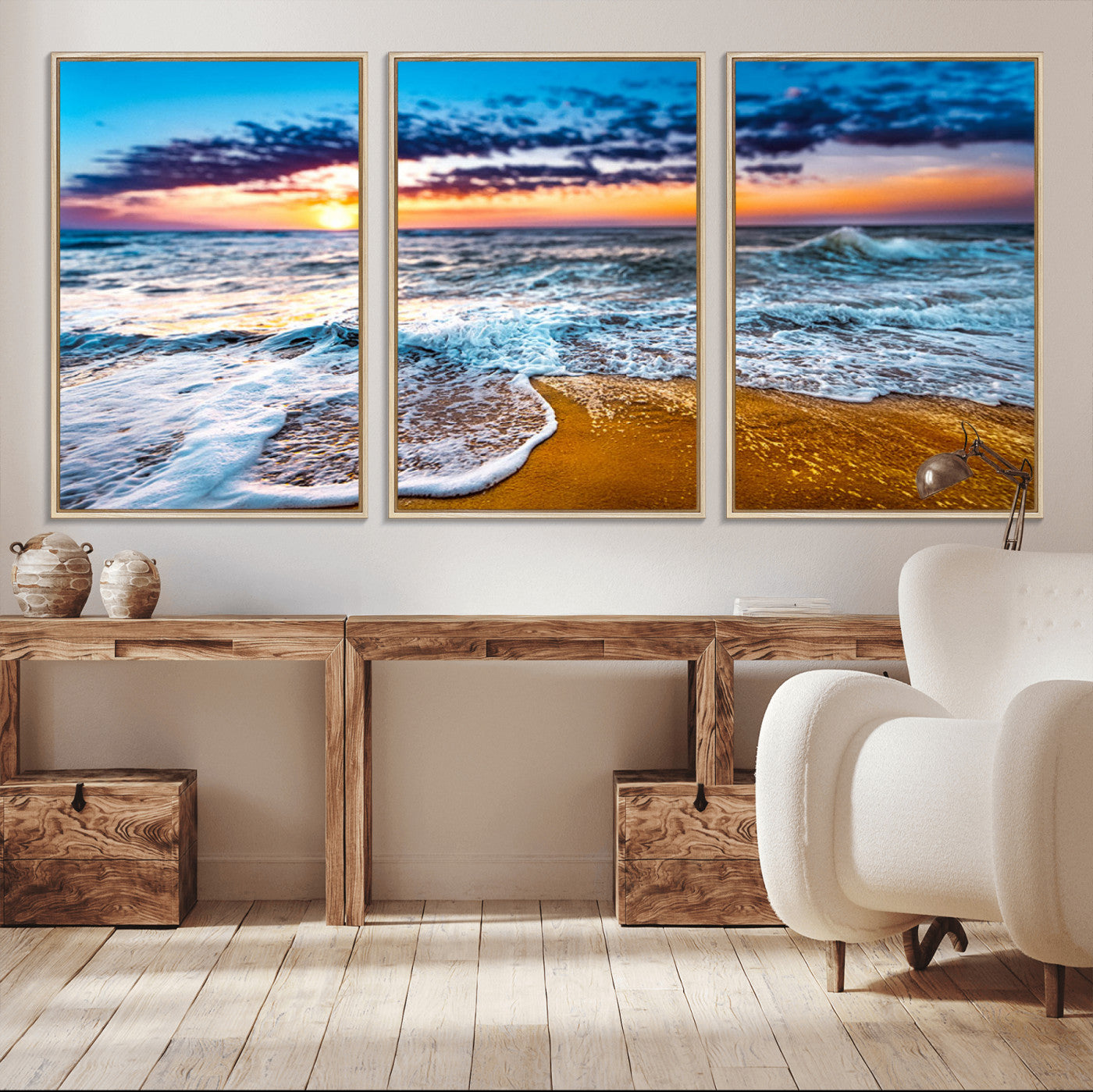 24077769-MGV-FC-60X30-3P_Natural-Sunset Beach Wall Art – Ocean Waves Canvas Print, Golden Shoreline Photography Coastal Decor for Living Room, Bedroom, Office,
