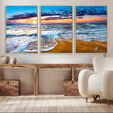 24077769-MGV-FC-60X30-3P_Natural-Sunset Beach Wall Art – Ocean Waves Canvas Print, Golden Shoreline Photography Coastal Decor for Living Room, Bedroom, Office,
