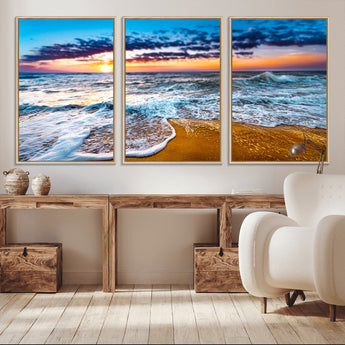 24077769-MGV-FC-60X30-3P_Natural-Sunset Beach Wall Art – Ocean Waves Canvas Print, Golden Shoreline Photography Coastal Decor for Living Room, Bedroom, Office,