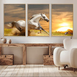 67478480-MGV-CV-36X24-White Horse Running at Sunset Wall Art – Majestic Equestrian Photography Print, Rustic Farmhouse Decor, Golden Sky Horse Lover