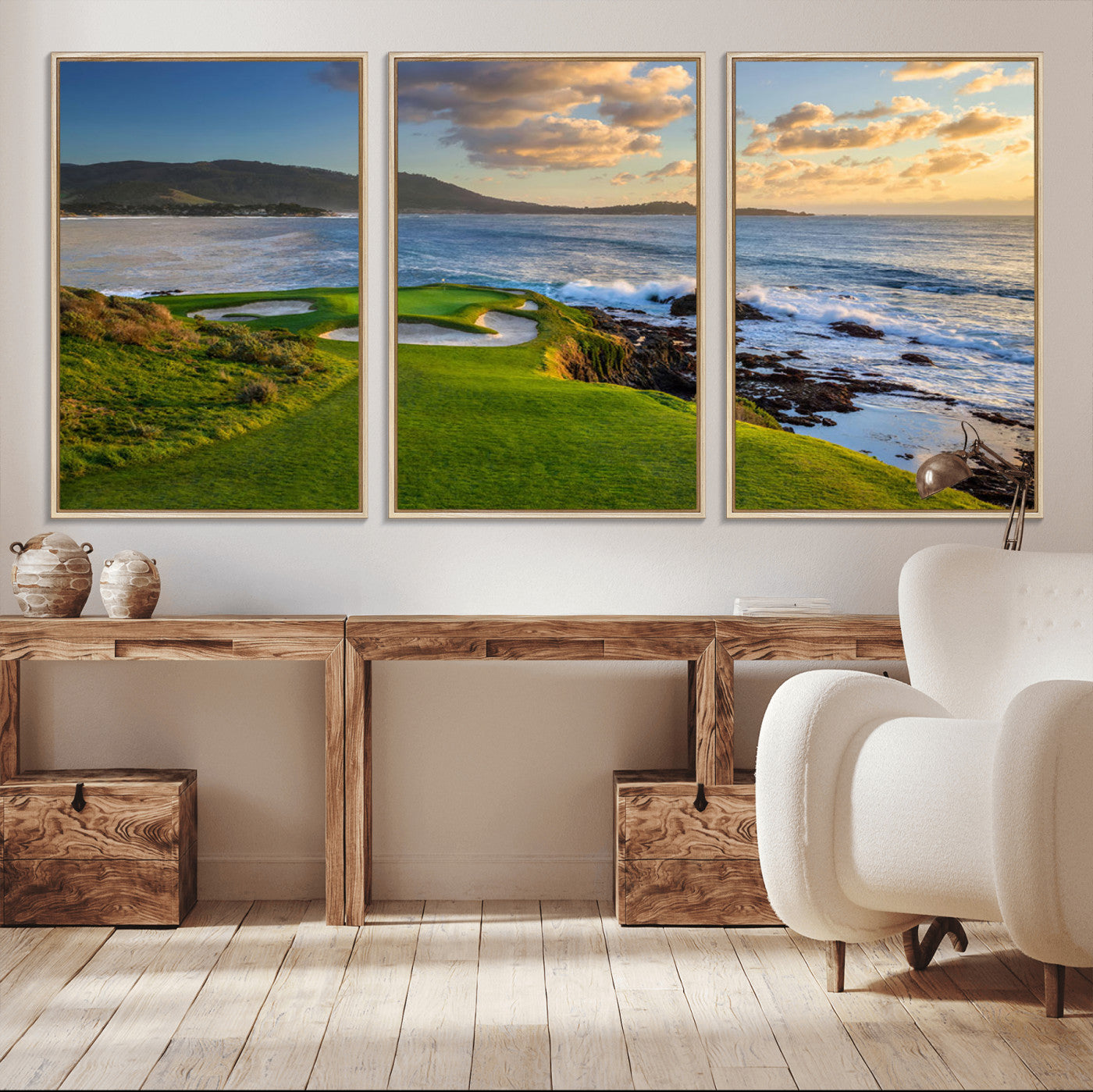 67486665-MGV-FC-60X30-3P_Natural-Golf Course Wall Art – Pebble Beach Oceanfront Canvas Print, Coastal Fairway Photography Sports Decor for Living Room, Office, Man
