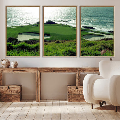 48473947-MGV-CV-36X24-Ocean Golf Course Wall Art – Panoramic Green Fairway Canvas Print, Coastal Golf Landscape Photography Sports Decor for Office, Man