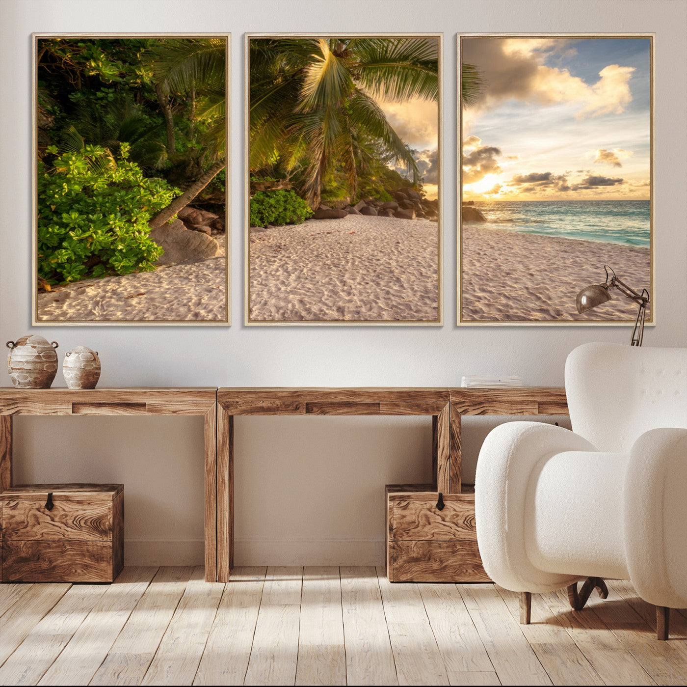 89531159-MGV-CV-36X24-Tropical Beach Sunset Canvas Wall Art – Palm Trees Golden Sand Ocean Waves Coastal Paradise Print for Beach House Bedroom Bathroom
