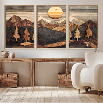 90044381-MGV-CV-36X24-Rustic Wall Art – Wooden Mountain Landscape with Sun and Pine Trees, Handcrafted Nature Canvas Style Decor for Bedroom, Living