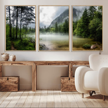 93123937-MGV-CV-36X24-Landscape Wall Art – Misty Mountain Lake Canvas Print, Tranquil Forest and Waterfall Photography Decor for Bedroom, Living Room,