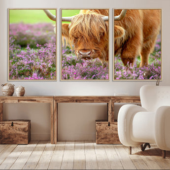 64069351-MGV-FC-60X30-3P_Natural-Farmhouse Wall Art – Highland Cow in Wildflowers Canvas Print, Rustic Country Cattle Photography Decor for Bedroom, Living Room,