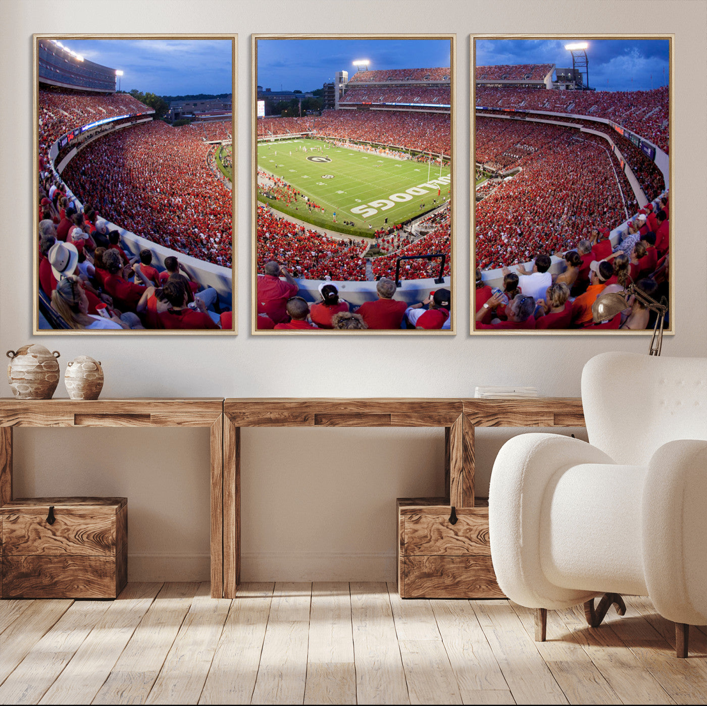 10244378-MGV-FC-60X30-3P_Natural-Sanford Stadium Wall Art – Georgia Bulldogs Football Panoramic Evening Canvas Print, College Game Day Decor for Man Cave, Bar, or