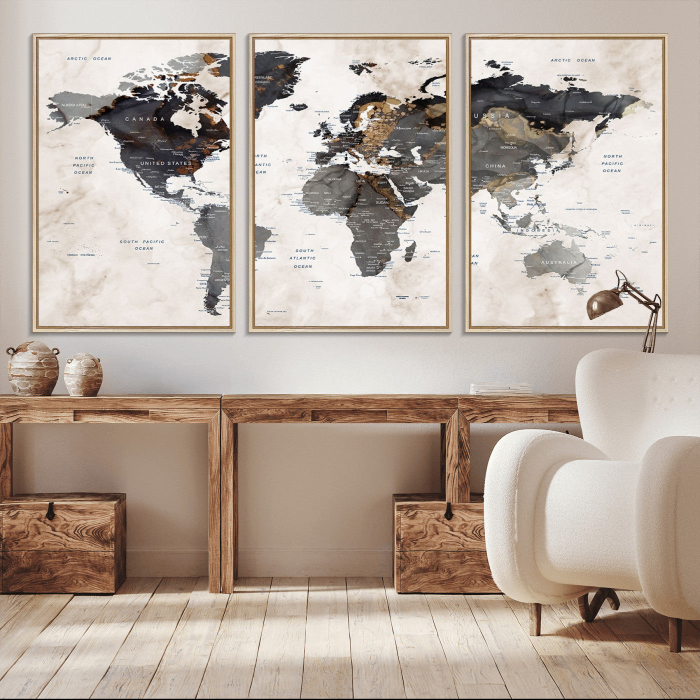 MGV-FC-60X30-3P - World Map Wall Art Canvas Print, Framed Rustic Map Art Picture Print, Antique Map Perfect Rustic Explorer Decor Artwork