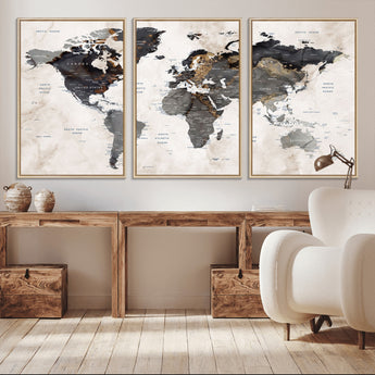 MGV-FC-60X30-3P - World Map Wall Art Canvas Print, Framed Rustic Map Art Picture Print, Antique Map Perfect Rustic Explorer Decor Artwork