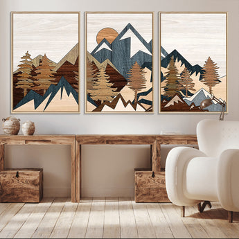 80300-MGV-CV-36X24-Geometric Mountains Wall Art Canvas Print, Framed Stylized Trees Art Picture Print, Graphic Forest Perfect Rustic Abstract Decor