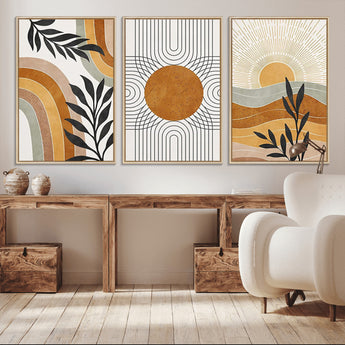 32359-MGV-CV-36X24-Modern Sun Wall Art Canvas Print, Framed Retro Horizon Art Picture Print, Sunburst Design Perfect Mid Century Boho Decor Artwork