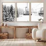 49274-MGV-CV-36X24-Snowy Forest Wall Art Canvas Print, Framed Ski Lift Art Picture Print, Mountain Snow Perfect Minimal Winter Lodge Decor Artwork
